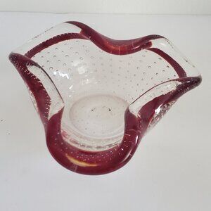 Art Glass Clear Ruby ruffle edge Dish Ashtray Pinched Controlled Bubbles…